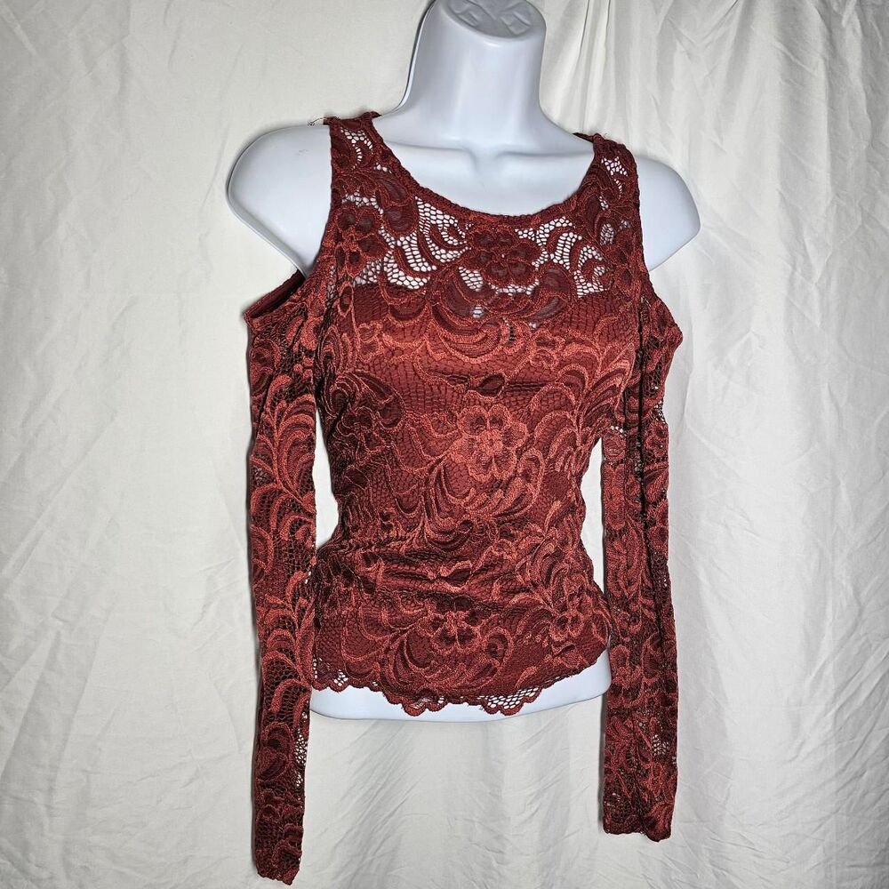 Papaya sienna orange lace cold shoulder top